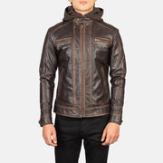 
Detailní pohled of Band with Snap Button & Zipper Hardware on Hector Vintage Hnědá Hooded Kožený motorkářský křivák pro Pány