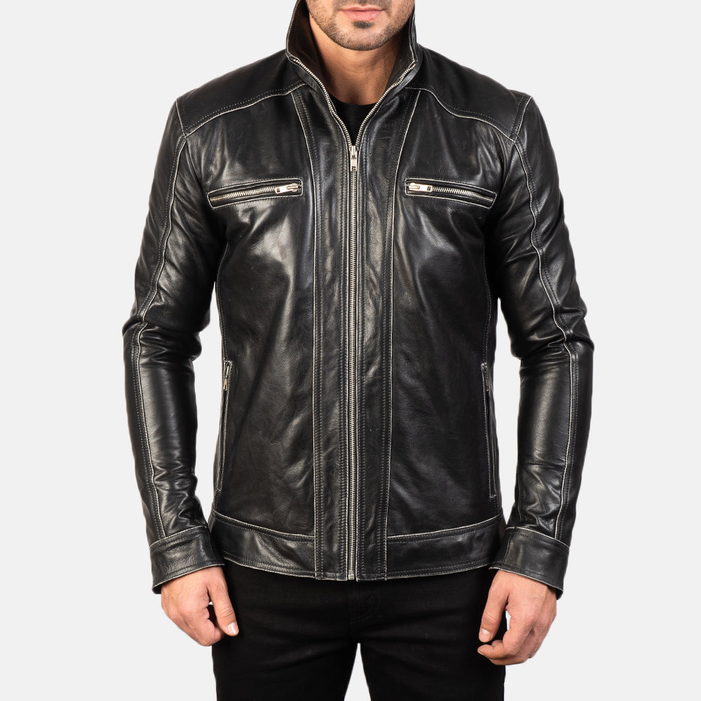 
Detailní pohled of High neck Band & Zipper Hardware on Hudson Black Leather Biker Jacket