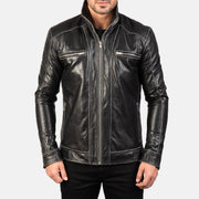 
Detailní pohled of High neck Band & Zipper Hardware on Hudson Black Leather Biker Jacket