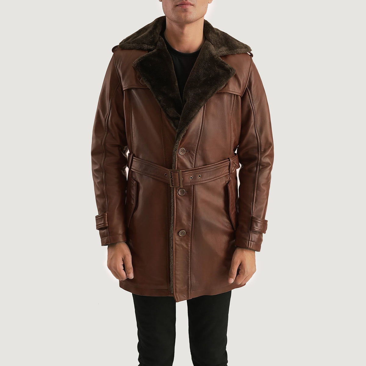 
Hunter Distressed Hnědá Fur Kožený kabát pro Pány in Distressed Brown Sheepskin Burnishing - Přední pohled a přiléhavá silueta | Koupit online