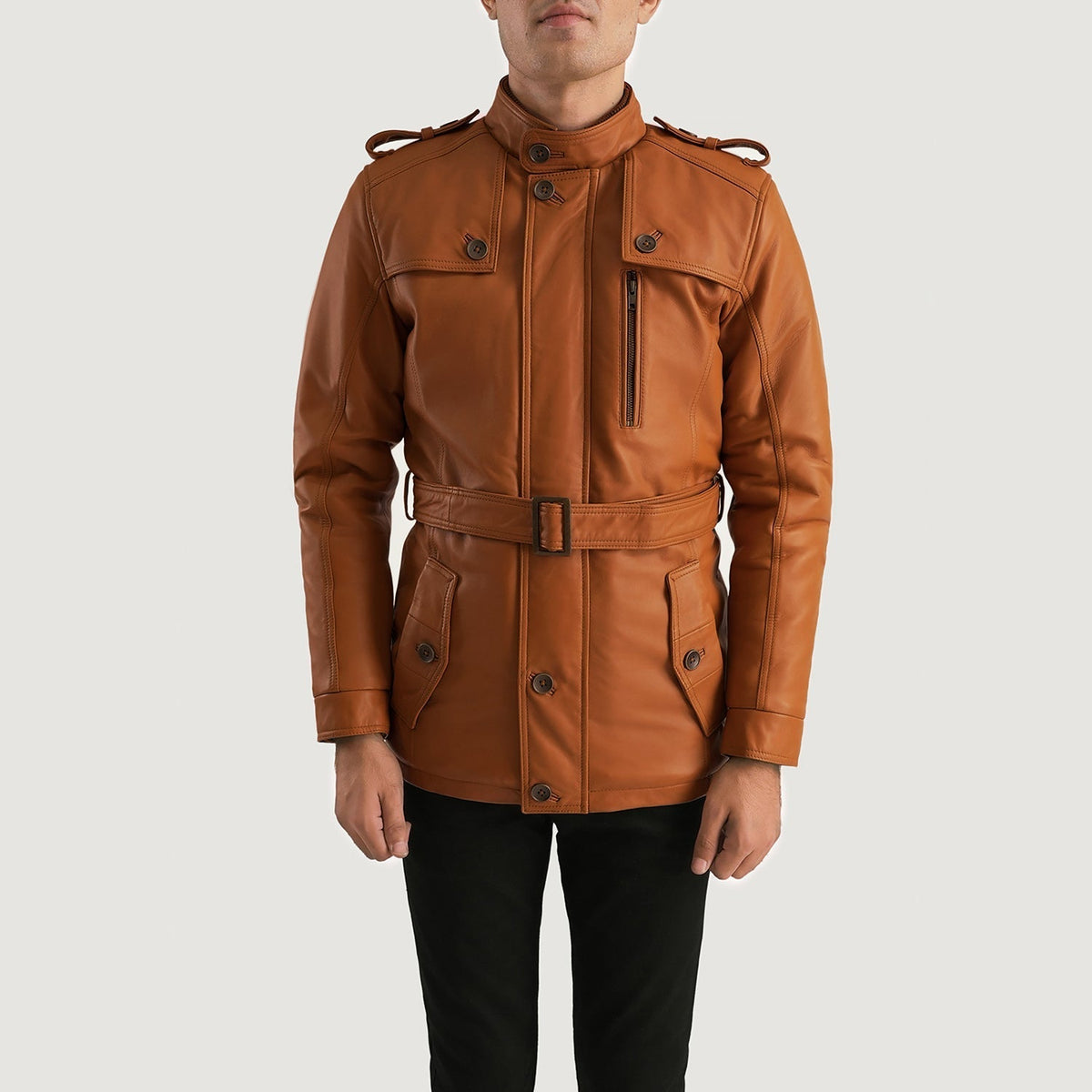 
Detailní pohled of Band (Buttoned) & Zipper with Button Flap Hardware on Hunter Světle hnědá Hnědá Fur Kožená bunda pro Pány
