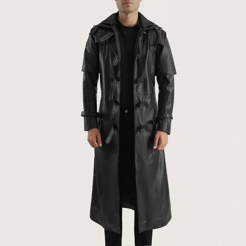 Huntsman Černá Hooded Kožený trenčkot pro Pány