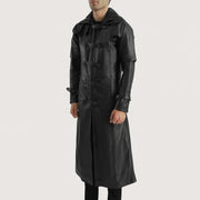 
Black. Cowhide Leather Trench Coat - Zadní pohled s definovanými rameny a čistým lemem