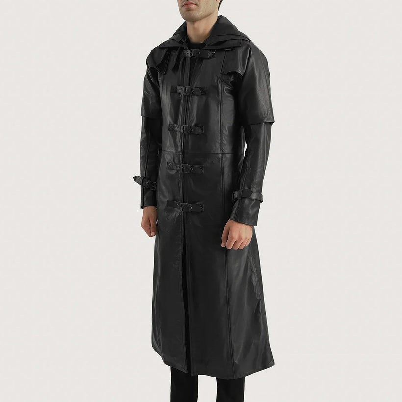 Huntsman Černá Hooded Kožený trenčkot pro Pány