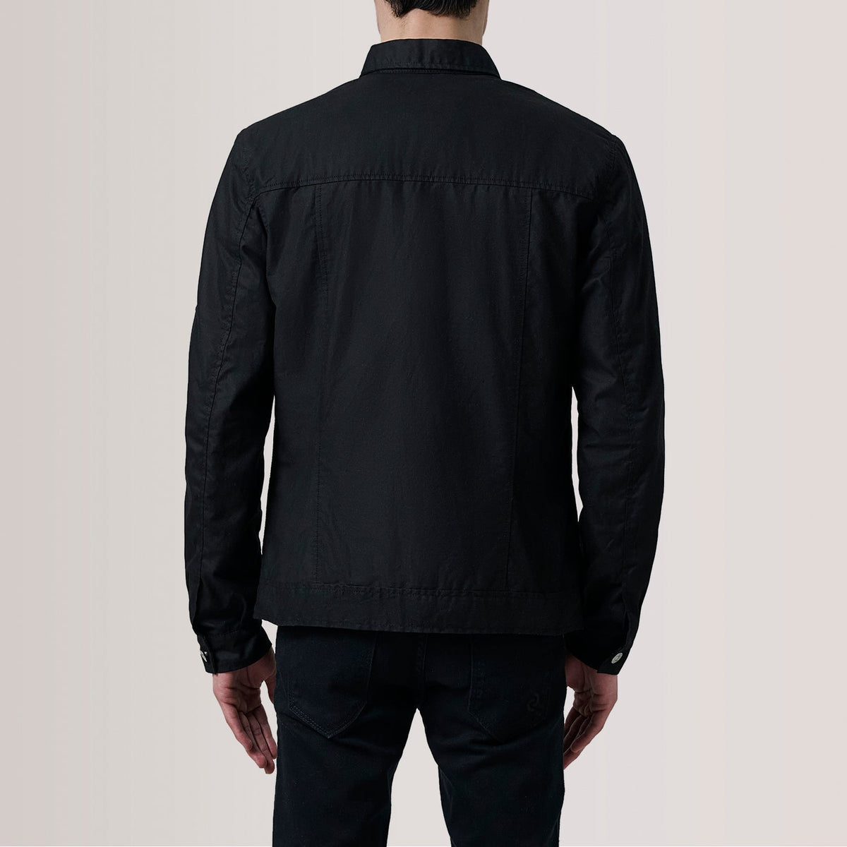 Close-Up Detail of Classic Collar &amp; Button Hardware on Irwin Black Waxed Canvas Field Jacket For Men