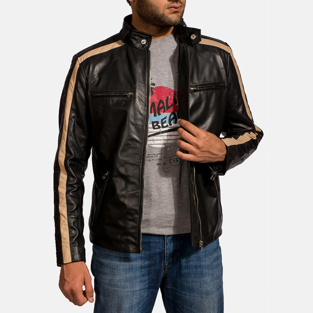 Men's Jack Black Leather Biker Jacket - Lateral Side Profile View Showing Sleeve Cut &amp; Athletic Taper Fit