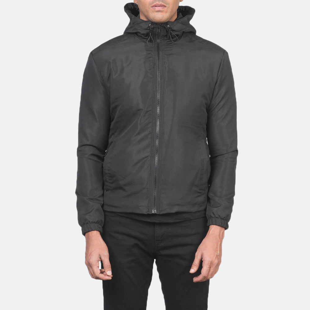 Detailní pohled of High Neck with Hood & Zipper with wind flap Hardware on Jimmy Black Hooded Windbreaker Jacket