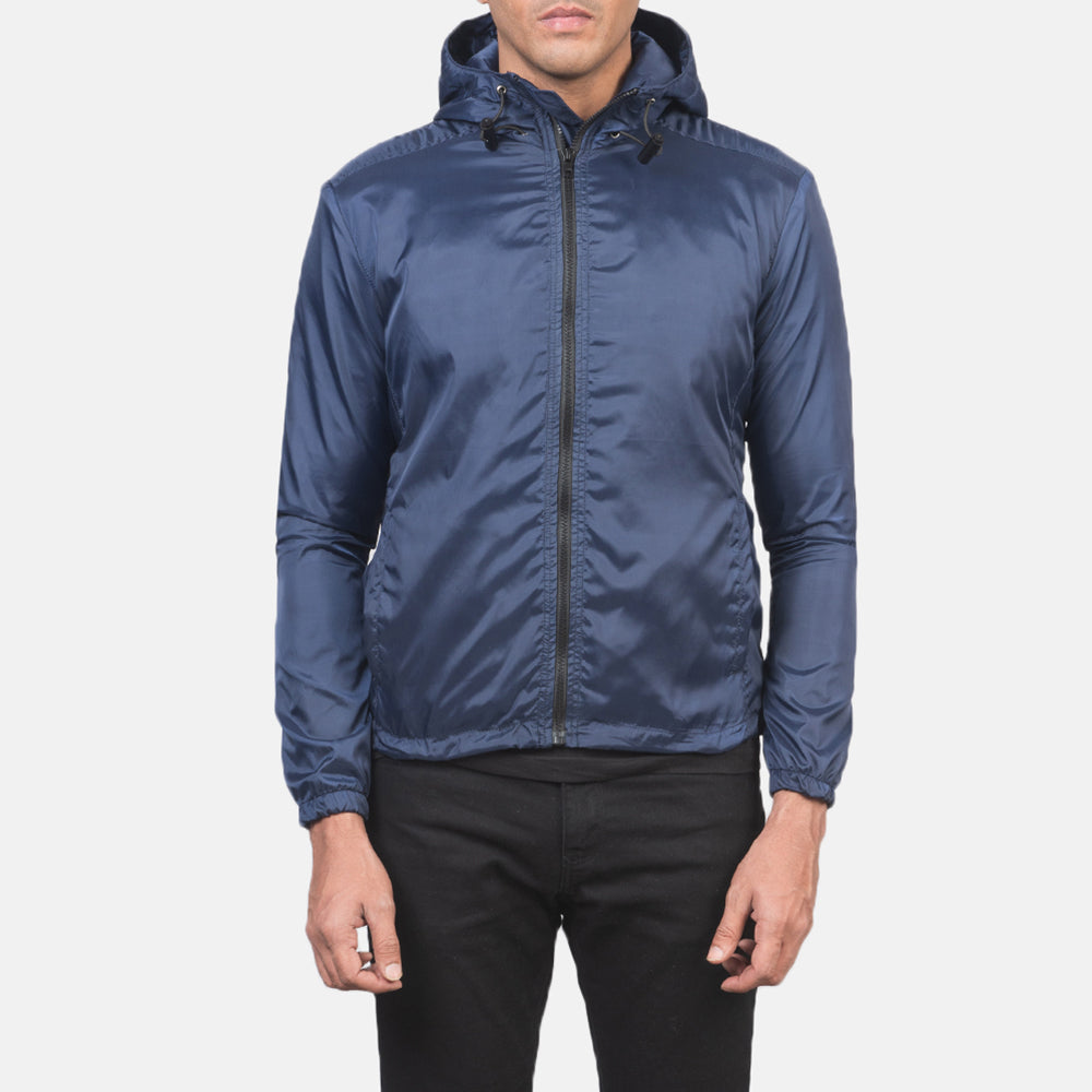 Jimmy Blue Hooded Windbreaker Jacket in Blue Nylon - Přední pohled a přiléhavá silueta | Koupit online
