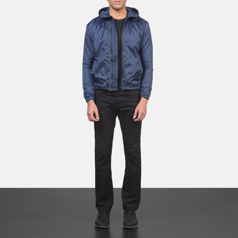 Jimmy Blue Hooded Windbreaker Jacket - Boční pohled ukazující ergonomický střih rukávů