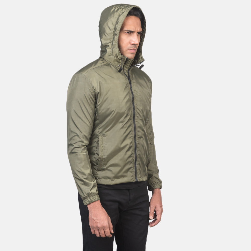 Green Nylon Hooded Jacket - Zadní pohled s definovanými rameny a čistým lemem