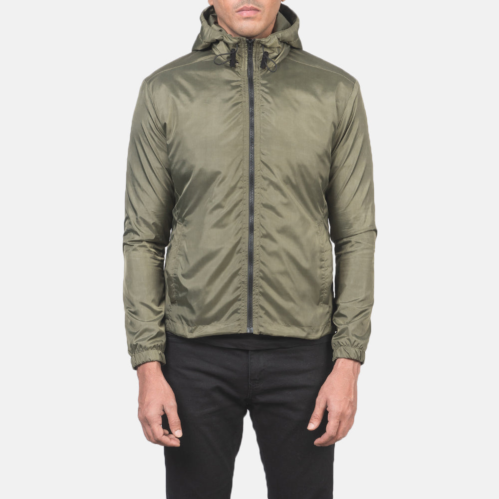 Detailní pohled of High Neck with Hood & Zipper with wind flap Hardware on Jimmy Green Hooded Windbreaker Jacket