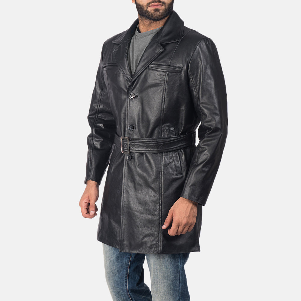 
Black Cowhide leather Coat - Zadní pohled s definovanými rameny a čistým lemem