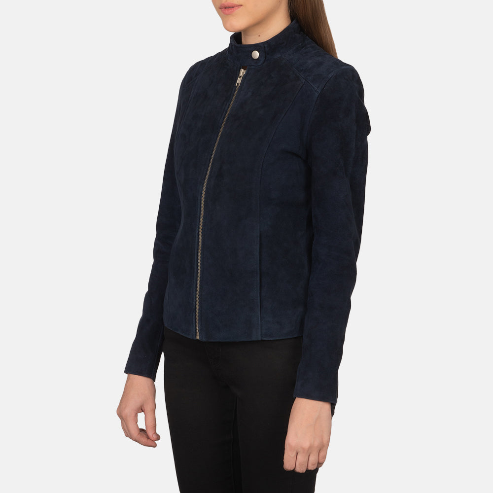 Navy Blue Goatskin Suede Biker Jacket - Back View Showing Tailored Shoulder Fit &amp; Clean Hemline