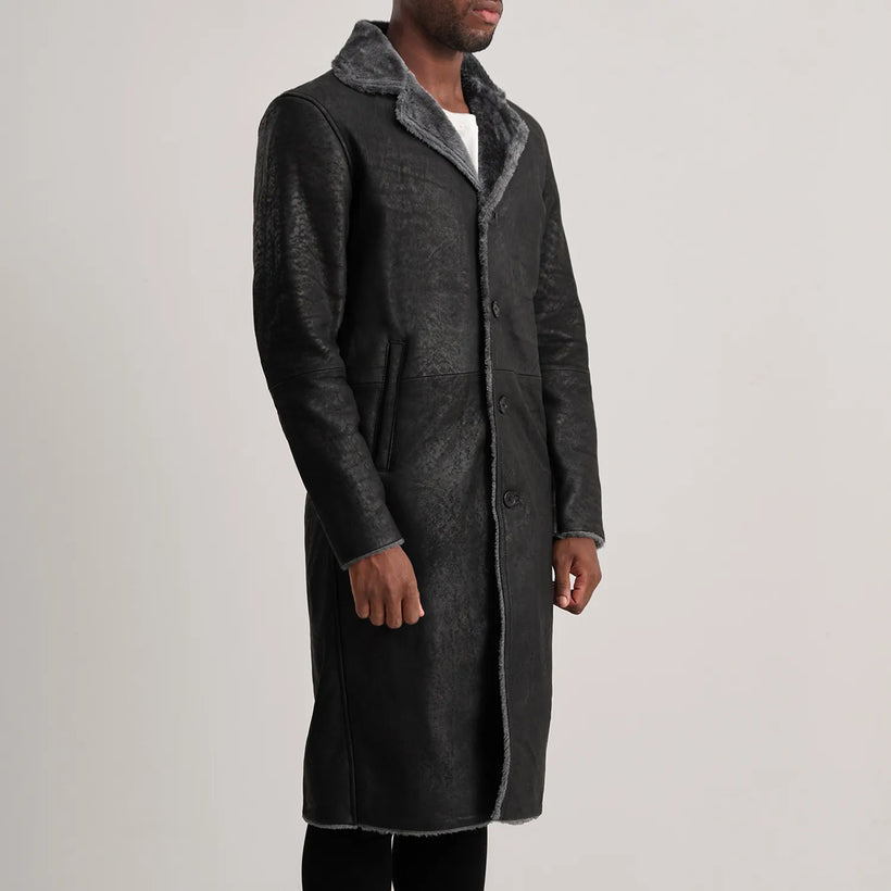 Kolby Distressed Černá Leather Shearling Kožený kabát pro Pány