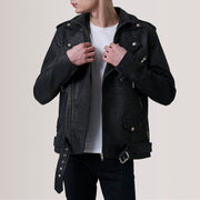 
Kole Distressed Černá Leather Double Rider Kožená bunda pro Pány in Distressed Black Sheepskin Snuffed - Přední pohled a přiléhavá silueta | Koupit online