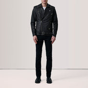 
Distressed Black Sheepskin Snuffed Biker Jacket - Zadní pohled s definovanými rameny a čistým lemem