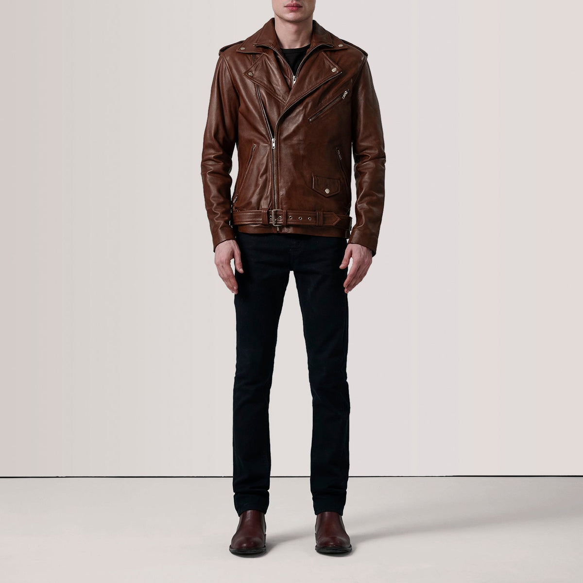 
Distressed Brown Sheepskin Burnished Biker Jacket - Zadní pohled s definovanými rameny a čistým lemem