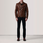 
Distressed Brown Sheepskin Burnished Biker Jacket - Zadní pohled s definovanými rameny a čistým lemem