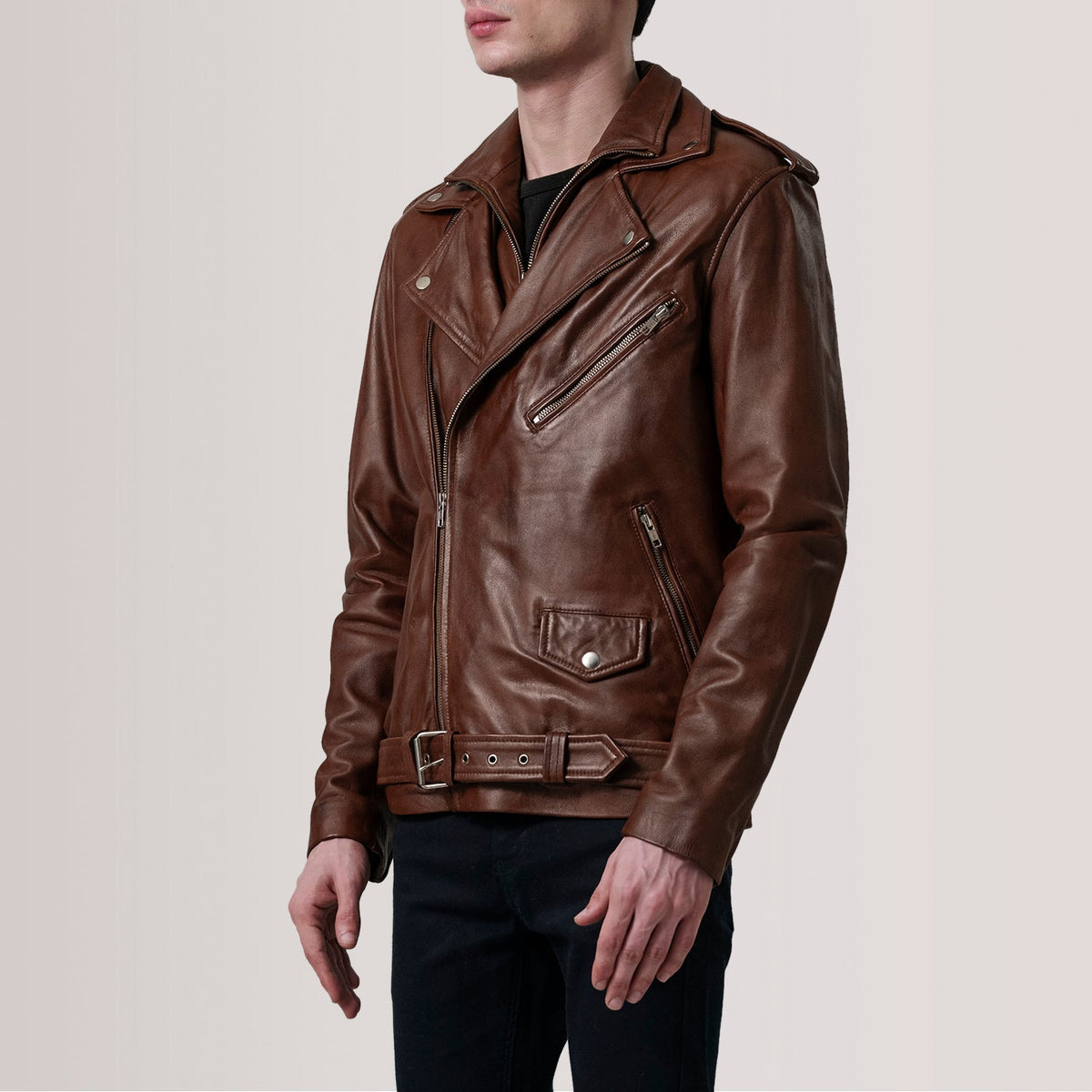 
Kole Waxed Hnědá Leather Double Rider Kožená bunda pro Pány - Boční pohled ukazující ergonomický střih rukávů