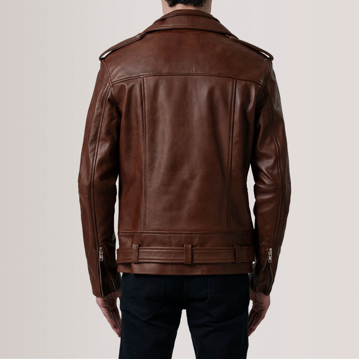 
Detailní pohled of Notch & Zipper & Waist Straps Hardware on Kole Waxed Hnědá Leather Double Rider Kožená bunda pro Pány