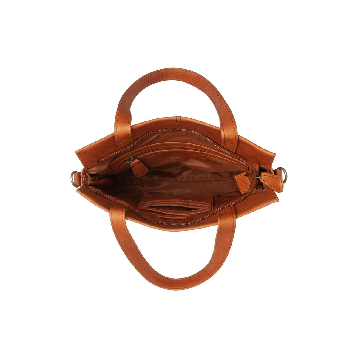 Close-Up Detail of Classic Collar & Heavy-Duty Zipper Hardware on Rivington Full-Grain Leather Handbag
