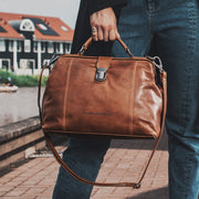 Styled Fit Perspective of Shaun Full-Grain Leather Handbag on Model - Natural Daylight Drape