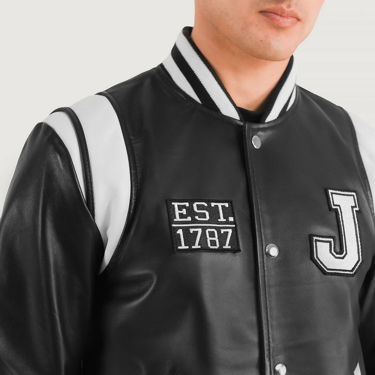 
Detailní pohled of Varsity & Snap Button Hardware on Liberte New Jersey Černá Leather Varsity Kožená bunda pro Pány
