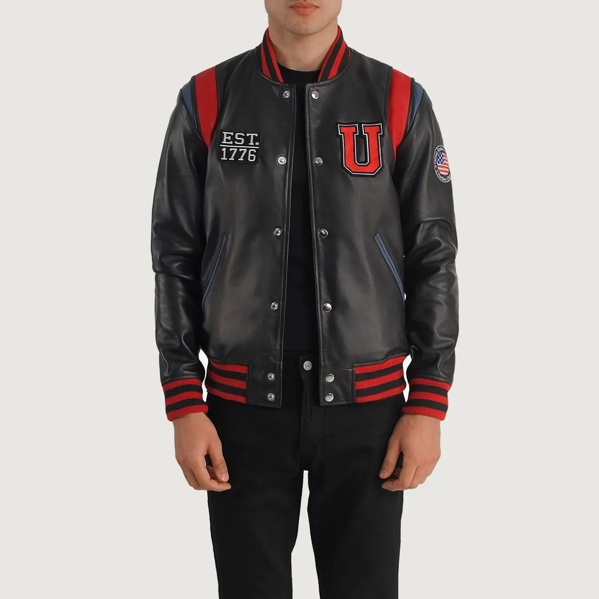 
Liberte USA Black Leather Varsity Jacket in Black Sheepskin Leather - Přední pohled a přiléhavá silueta | Koupit online