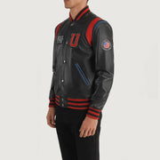 
Black Sheepskin Leather Varsity Jacket - Zadní pohled s definovanými rameny a čistým lemem