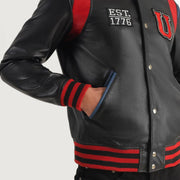 
Detailní pohled of Varsity & Snap Button Hardware on Liberte USA Black Leather Varsity Jacket