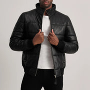 
Lucas Blue Leather Puffer Bomber Jacket in Blue Sheepskin Leather - Přední pohled a přiléhavá silueta | Koupit online