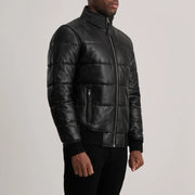 
Blue Sheepskin Leather Bomber Jacket - Zadní pohled s definovanými rameny a čistým lemem