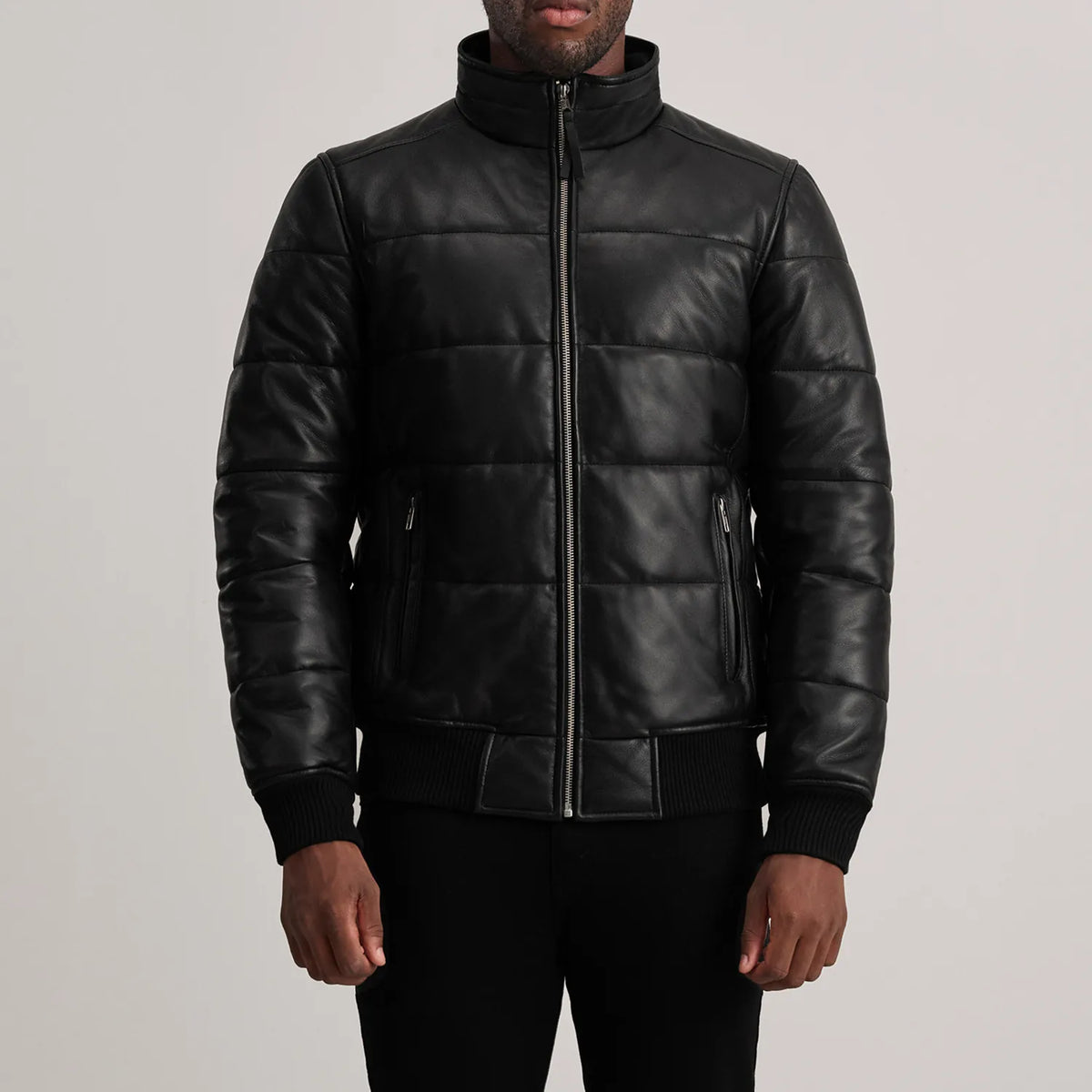
Detailní pohled of High neck & Zipper Hardware on Lucas Blue Leather Puffer Bomber Jacket