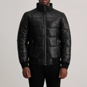 
Detailní pohled of High neck & Zipper Hardware on Lucas Blue Leather Puffer Bomber Jacket