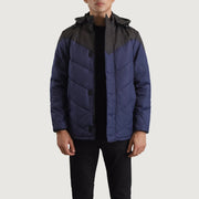 
Luka Černá & Modrá Hooded Puffer Kožená bunda pro Pány in Black & Blue Full-Grain Leather - Přední pohled a přiléhavá silueta | Koupit online