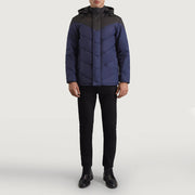 
Luka Černá & Modrá Hooded Puffer Kožená bunda pro Pány - Boční pohled ukazující ergonomický střih rukávů