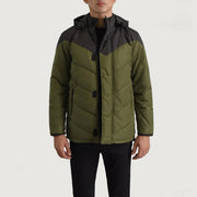 
Luka Černá & Olivově zelená Hooded Puffer Kožená bunda pro Pány in Black & Green Full-Grain Leather - Přední pohled a přiléhavá silueta | Koupit online