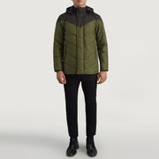
Luka Černá & Olivově zelená Hooded Puffer Kožená bunda pro Pány - Boční pohled ukazující ergonomický střih rukávů