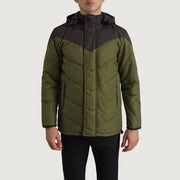 
Detailní pohled of Classic Collar & Zipper With Velcro Placket Hardware on Luka Černá & Olivově zelená Hooded Puffer Kožená bunda pro Pány