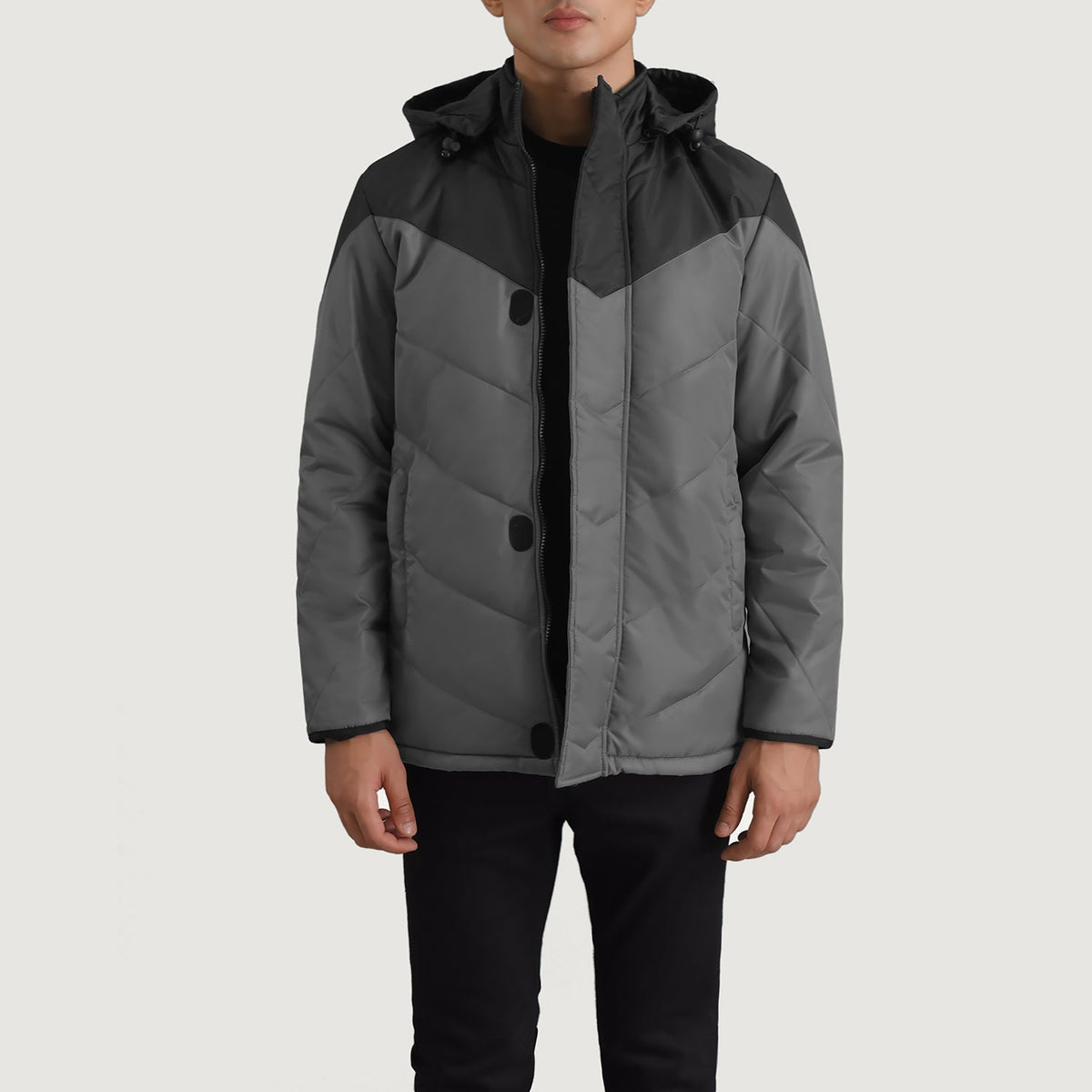 
Luka Černá & Grey Hooded Puffer Kožená bunda pro Pány - Boční pohled ukazující ergonomický střih rukávů