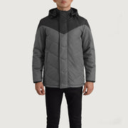 
Detailní pohled of Classic Collar & Zipper With Velcro Placket Hardware on Luka Černá & Grey Hooded Puffer Kožená bunda pro Pány