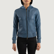 
Detailní pohled of Hooded & Zipper Hardware on Luna Blue Hooded Leather Bomber Jacket