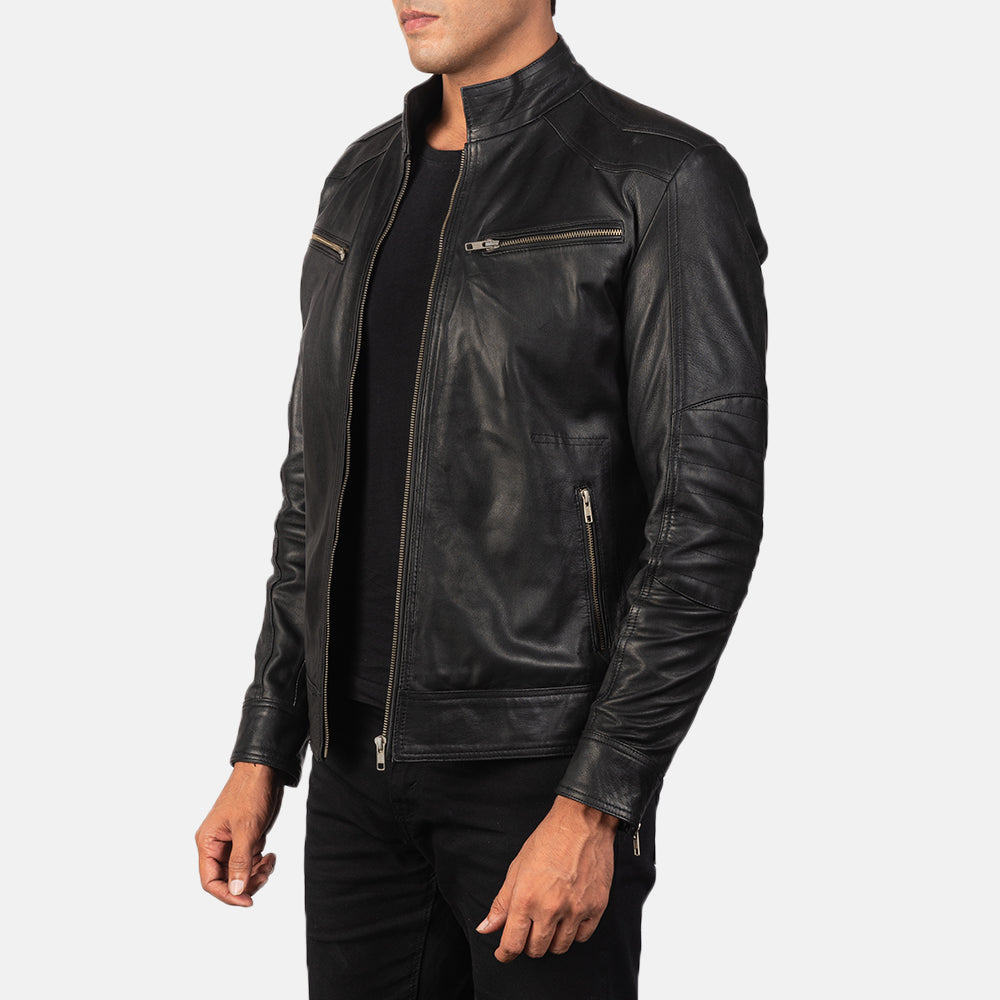 
Black Goatskin Leather Biker Jacket - Zadní pohled s definovanými rameny a čistým lemem