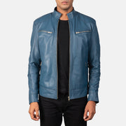 Mack Blue Kožená motorkářská bunda pánská in Blue Sheepskin Leather - Front Profile View &amp; Tailored Silhouette | Buy Online