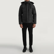 
Malcolm Černá Hooded Puffer Kožená bunda pro Pány - Boční pohled ukazující ergonomický střih rukávů