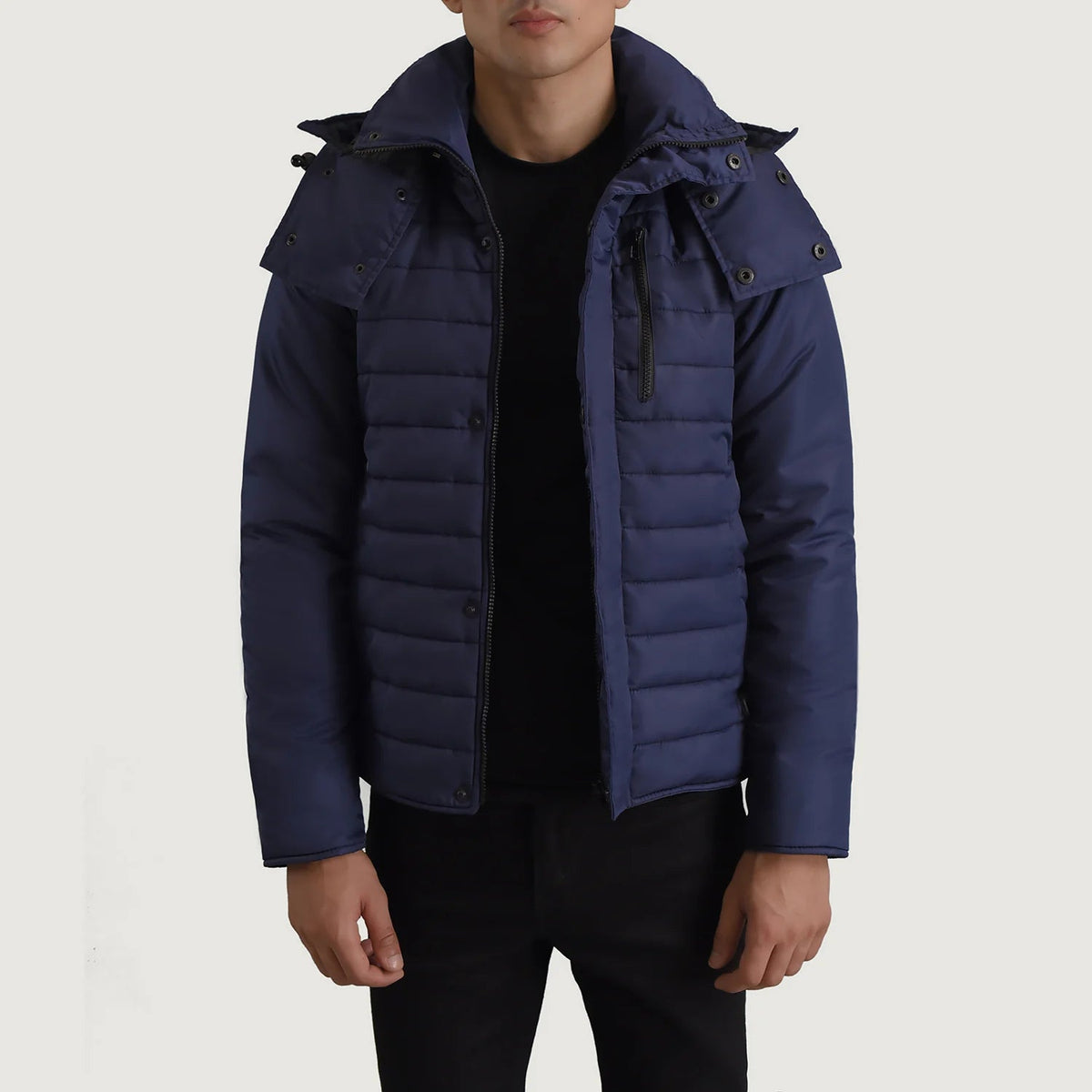 
Malcolm Modrá Hooded Puffer Kožená bunda pro Pány in Blue Full-Grain Leather - Přední pohled a přiléhavá silueta | Koupit online