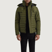 
Malcolm Olivově zelená Hooded Puffer Kožená bunda pro Pány in Green Full-Grain Leather - Přední pohled a přiléhavá silueta | Koupit online