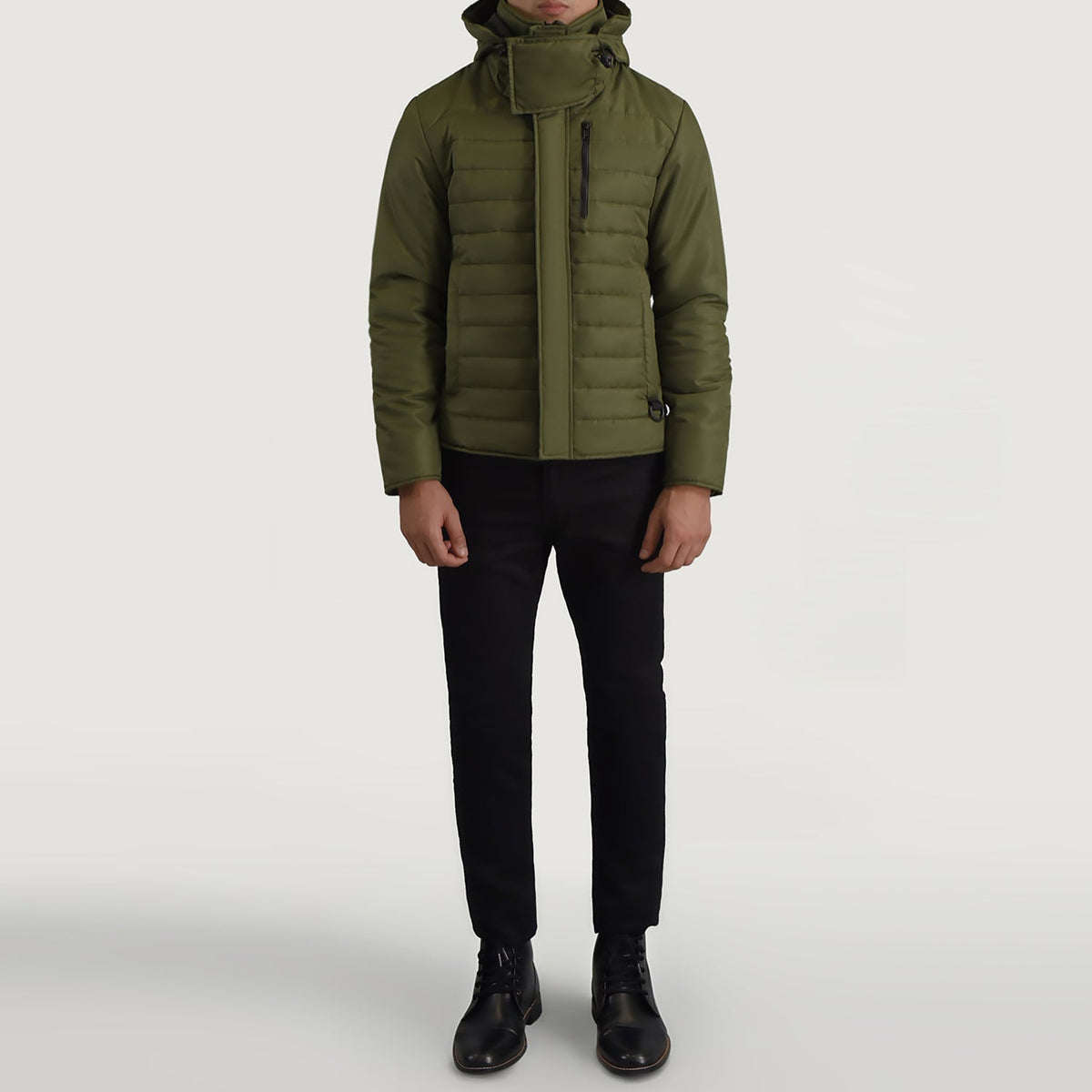 
Detailní pohled of Classic Collar & Zipper With Placket Hardware on Malcolm Olivově zelená Hooded Puffer Kožená bunda pro Pány