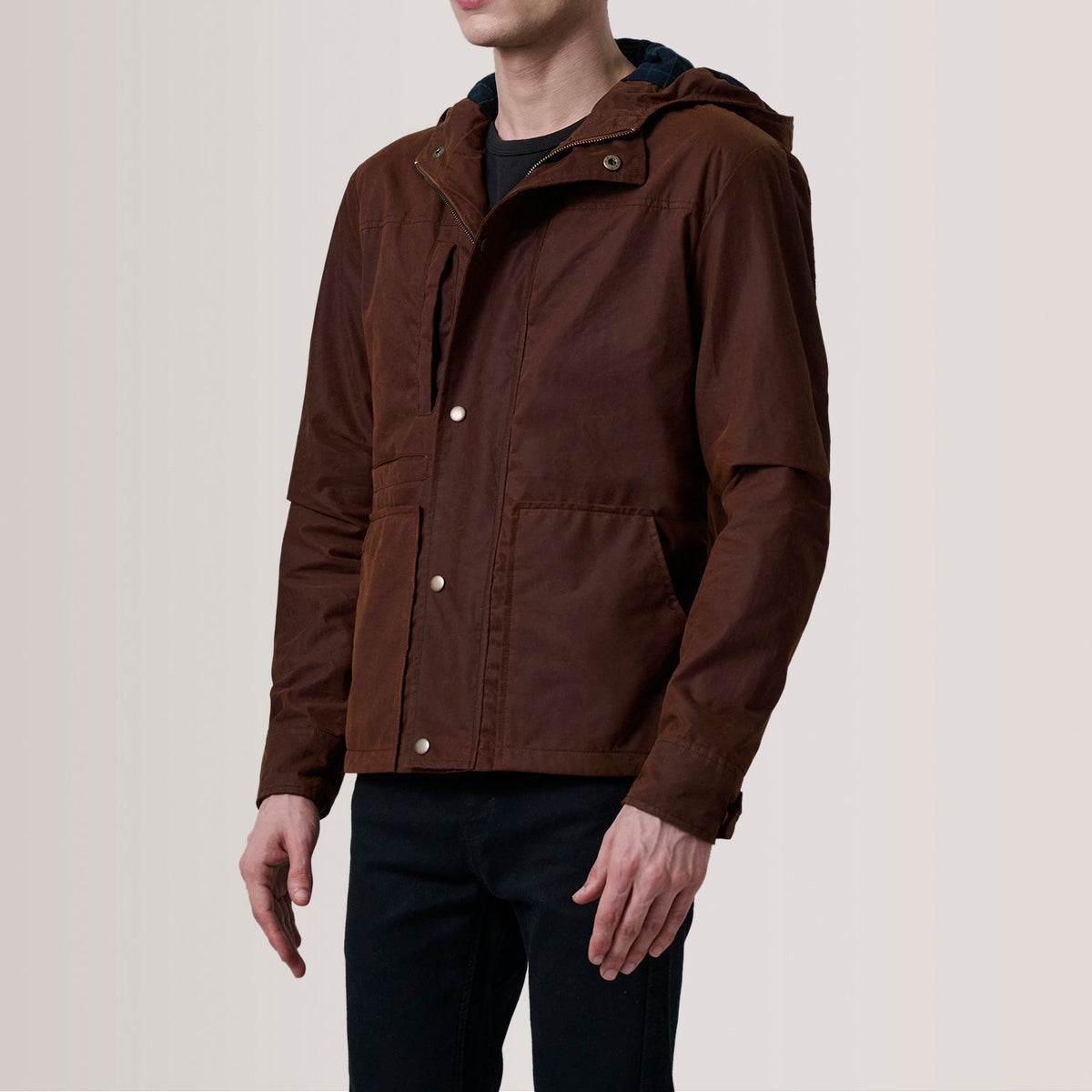 
Marlo Hnědá Canvas Hooded Work Kožená bunda pro Pány For Men - Boční pohled ukazující ergonomický střih rukávů