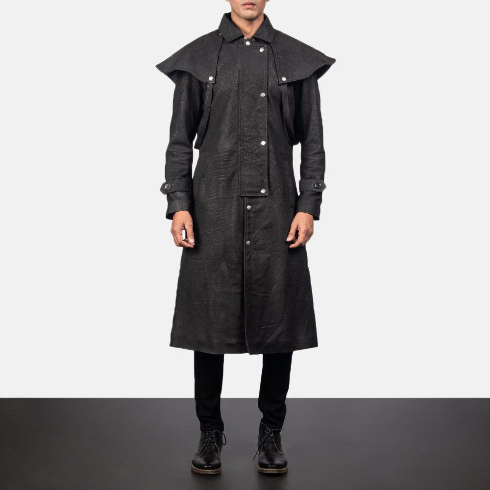 
Maverick Černá Leather Duster pro Pány in Distressed Black Sheepskin Snuffed - Přední pohled a přiléhavá silueta | Koupit online